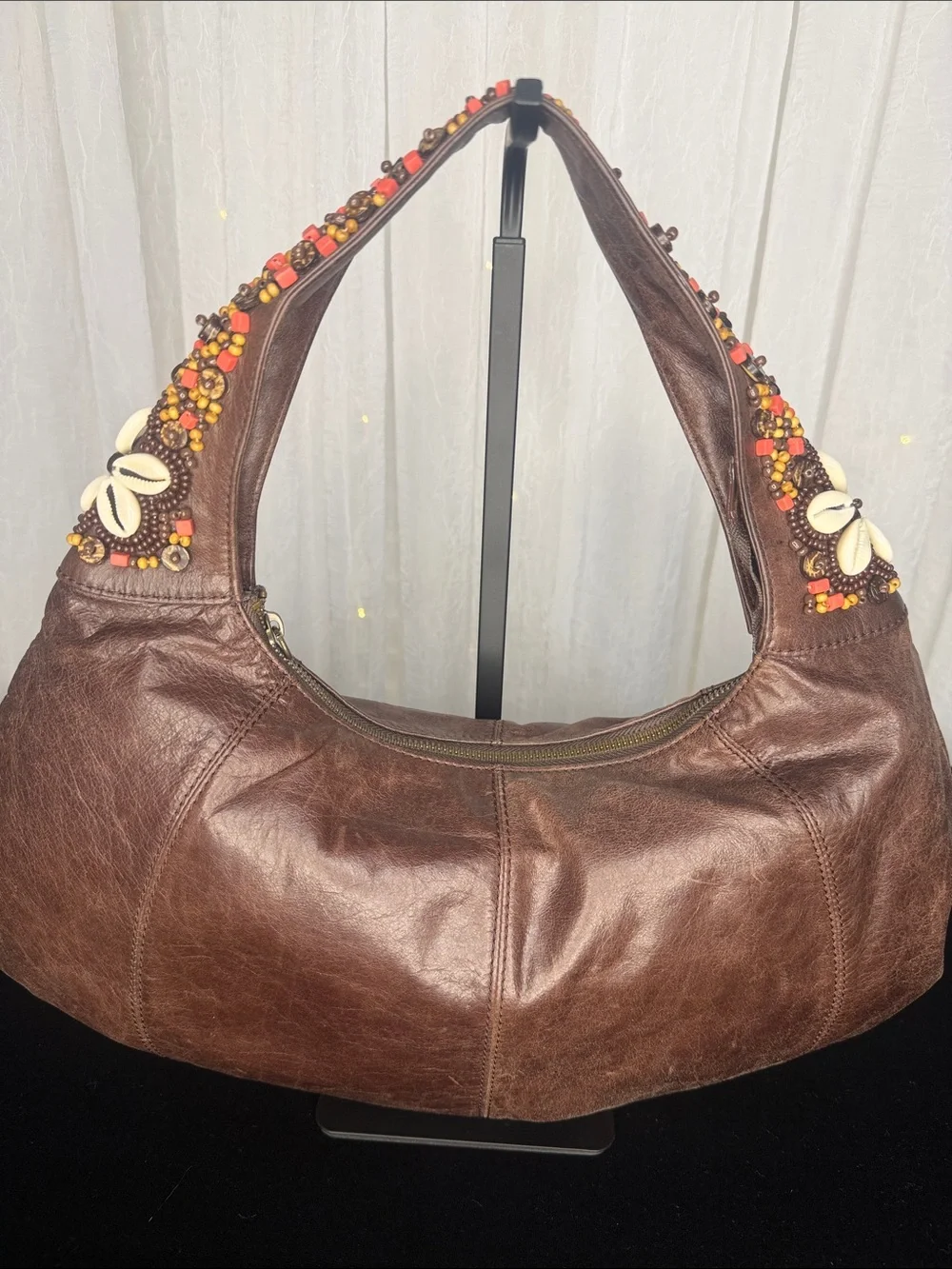 Tommy Bahama Brown Leather Shoulder Bag with Red & Orange Beaded Straps